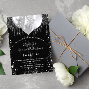 Birthday black silver glitter balloons twins invitation