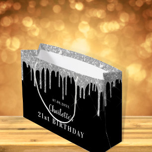 Birthday black silver glitter drips monogram name large gift bag