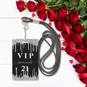 Birthday black silver glitter drips vip invitation ID badge