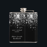 Birthday black silver glitter dust friends hip flask<br><div class="desc">A gift for a girly and glamourous 21st (or any age) birthday party. A stylish black background with elegant faux silver glitter dust. The text: The name is written in white with a modern hand lettered style script. Personalise and add a name, age 21 and a date. Add your own...</div>