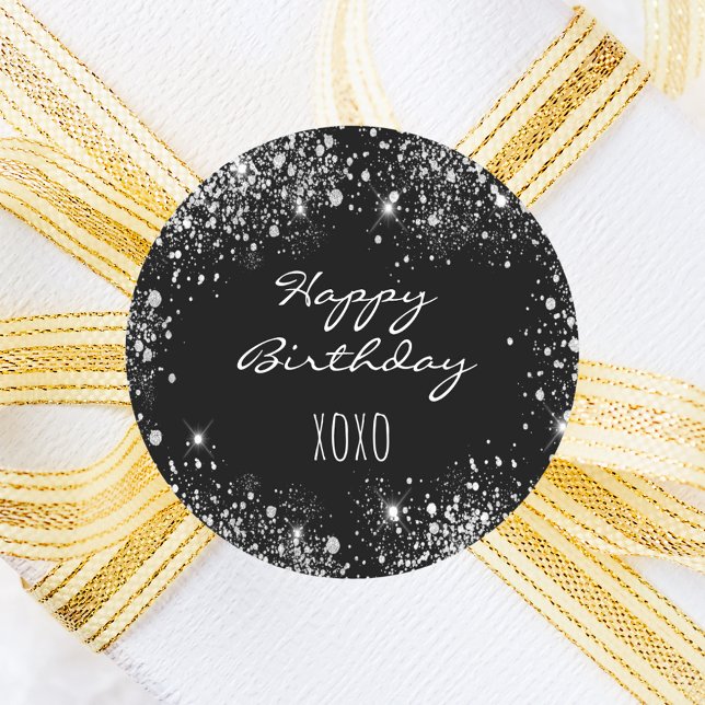 Birthday black silver glitter dust hugs kisses classic round sticker (Creator Uploaded)