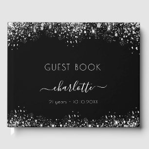 Birthday black silver glitter dust monogram name guest book