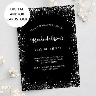 Birthday black silver glitter glamourous invitation