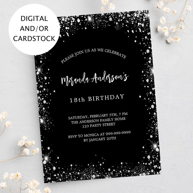 Birthday black silver glitter glamourous invitation (Creator Uploaded)