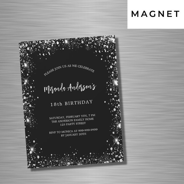 Birthday black silver glitter luxury magnetic invitation (Creator Uploaded)