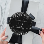 Birthday black silver glitter name classic round sticker<br><div class="desc">For an elegant 21st (or any age) birthday. A classic black background. Decorated with faux silver glitter dust. Personalise and add a name and age 21.</div>