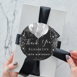 Birthday black silver glitter name thank you classic round sticker