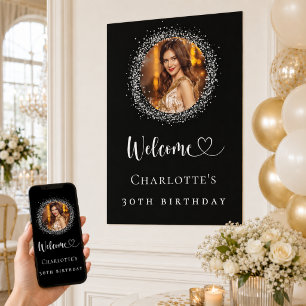 Birthday black silver glitter photo welcome poster
