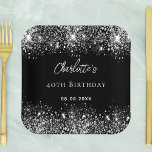 Birthday black silver glitter sparkles paper plate<br><div class="desc">A stylish black background with elegant faux silver glitter,  sparkles. The text: The name is written in white with a modern hand lettered style script. Personalise and add a name,  age and a date.</div>