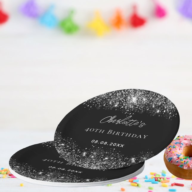 Birthday black silver glitter sparkles paper plate (Creator Uploaded)