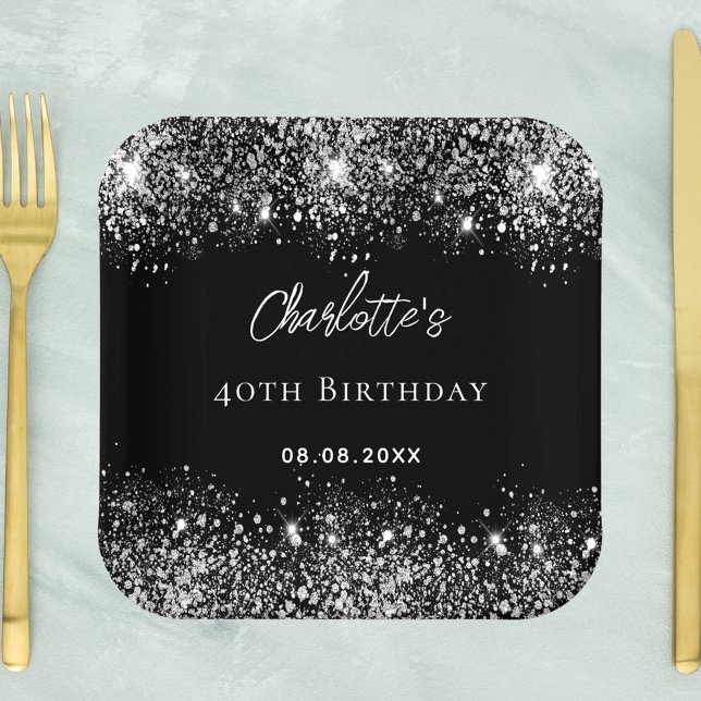 Birthday black silver glitter sparkles paper plate (Creator Uploaded)