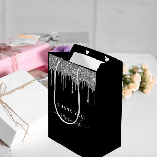 Birthday black silver glitter thank you favour medium gift bag