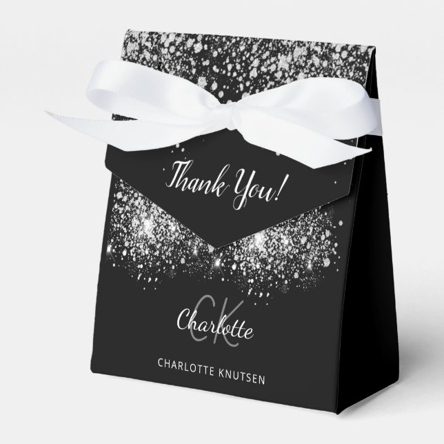 Birthday black silver glitter white monogram favour box (Front Side)