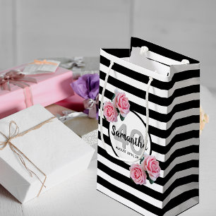 Birthday black stripes pink florals name classic small gift bag