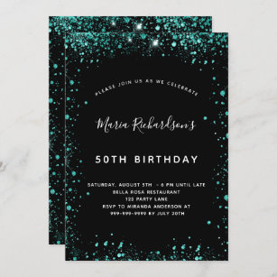 Birthday black teal green glitter dust invitation