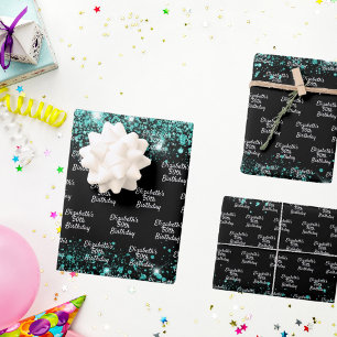 Birthday black teal green glitter name wrapping paper sheet