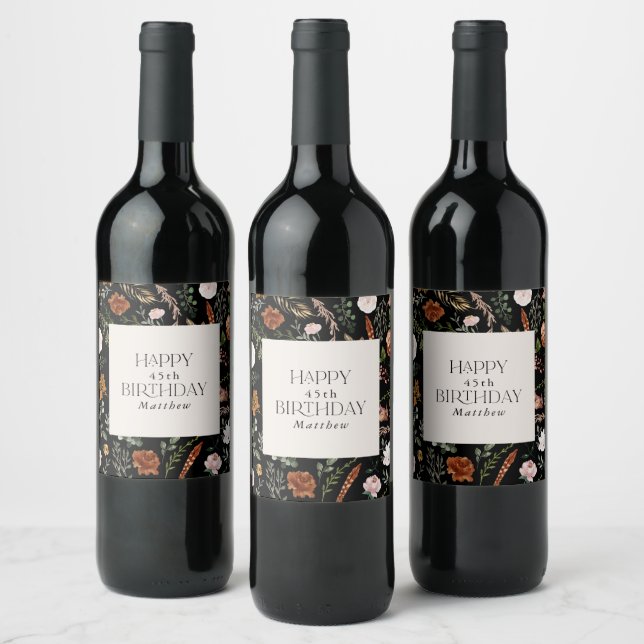 Birthday black terracotta floral modern botanical wine label (Bottles)