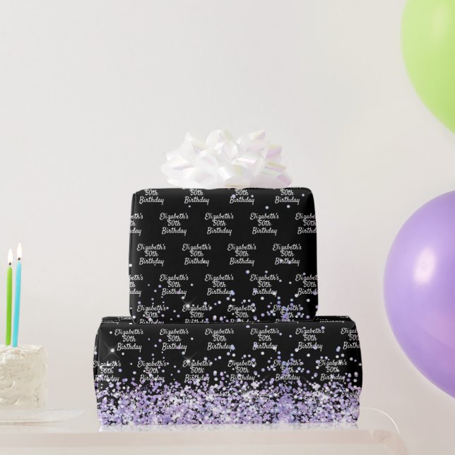 Birthday black violet lavender glitter dust name wrapping paper (Party Gifts)