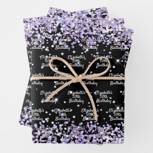 Birthday black violet lavender glitter name wrapping paper sheet