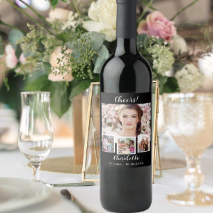 Birthday black white photo collage cheers wine label
