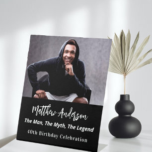 Birthday black white photo man myth legend pedestal sign