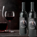Birthday black white photo man myth legend wine label<br><div class="desc">A classic black background.   Text: The Man,  The Myth,  The Legend. Personalise and add his name,  age and photo.</div>