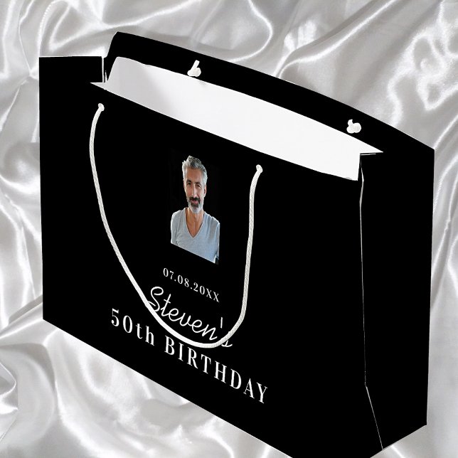Birthday black white photo monogram name large gift bag (Creator Uploaded)