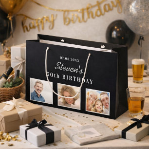Birthday black white photo name guy large gift bag