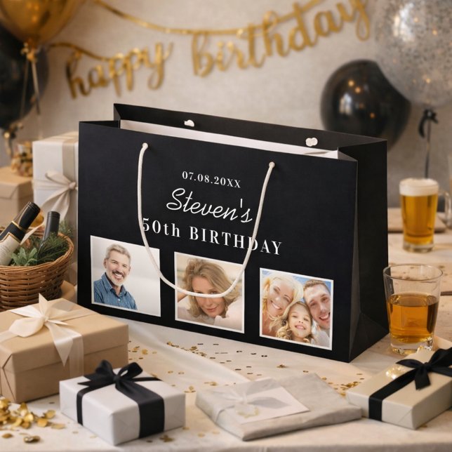 Birthday black white photo name guy large gift bag (Creator Uploaded)