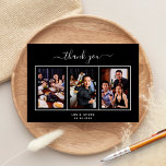 Birthday black white photo script guy men thank you card<br><div class="desc">Add 3 of Your birthday photos,  vertical size,   a date,  name,   and the thank you note.  A classic black background with white text and frame.  The text: Thank you on the front and your name on the back are written with a stylish hand lettered script with swashes.</div>