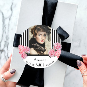 Birthday black white stripes florals photo classic round sticker