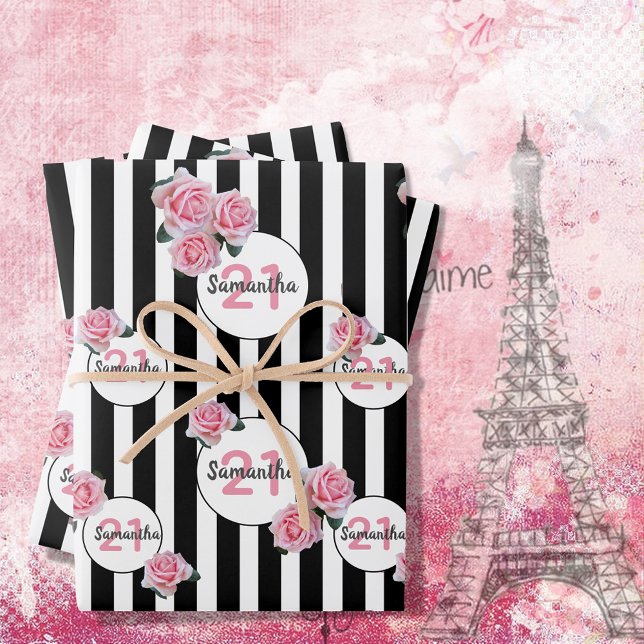 Birthday black white stripes pink florals name wrapping paper sheet (Creator Uploaded)