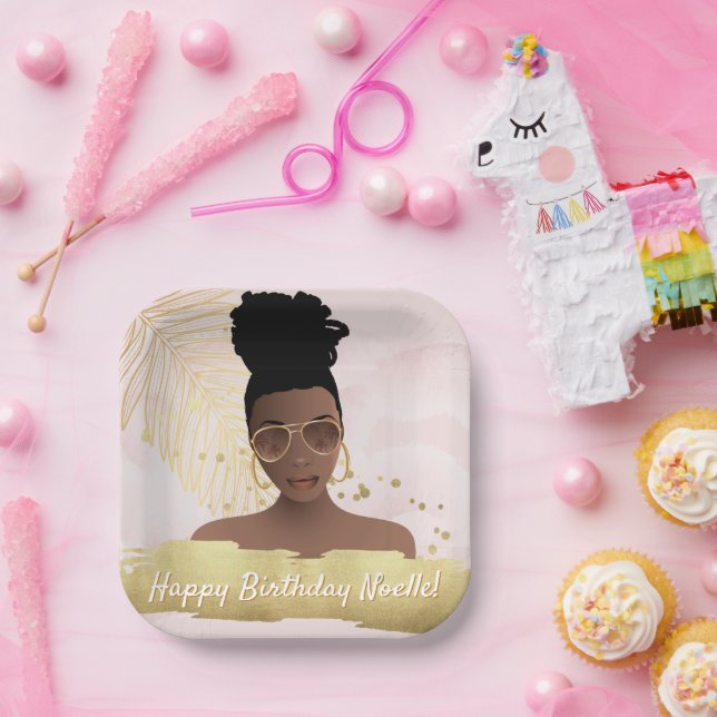 Birthday, Black Woman, Gold Tropical Leaf, Pink Paper Plate (Party)
