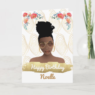 Birthday, Black Woman, Whimsical Flowers Gold Card