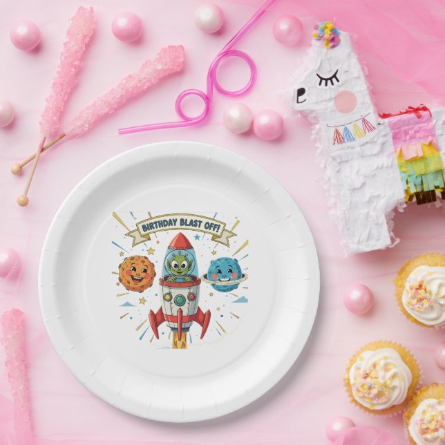 Birthday Blast Off! Cute Alien in Rocket Ship  Paper Plate (Party)