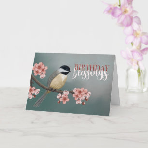 Birthday Blessings Chickadee with Spring Flowers Card