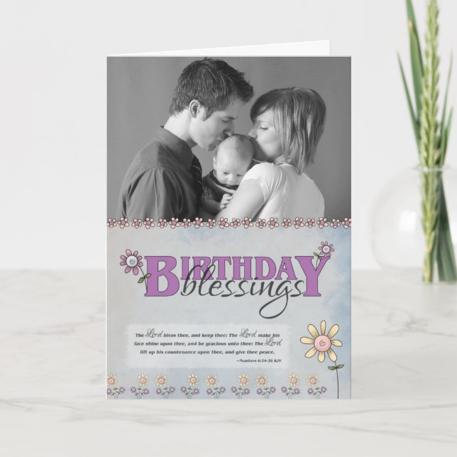 Birthday Blessings flowers & bible verse photo Card (Front)