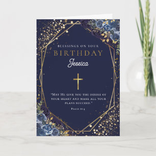 Birthday Blessings Navy Blue Floral Greeting Card