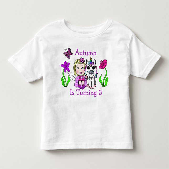 Birthday Blonde Fairy and Unicorn Age and Name Toddler T-Shirt (Front)