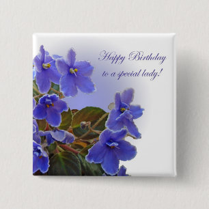 Birthday Blue African Violets 15 Cm Square Badge
