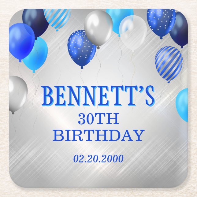 Birthday Blue Balloons Napkins Square Paper Coaster (Front)