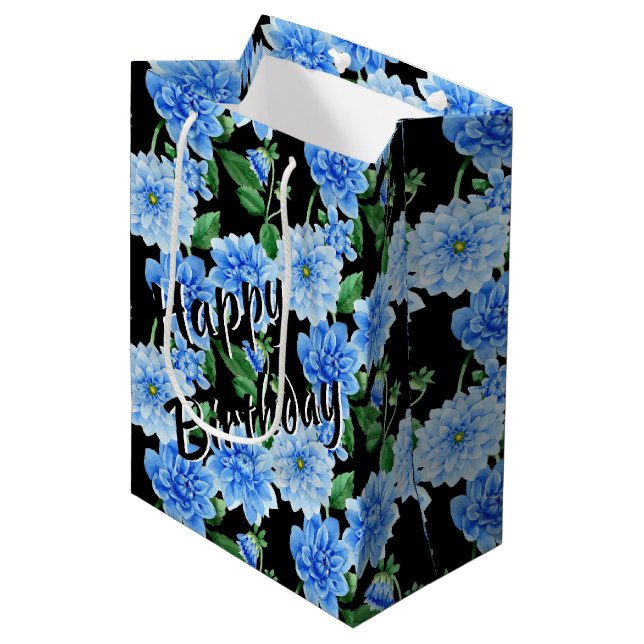 Birthday Blue Dahlias Medium Gift Bag (Front Angled)