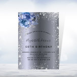 Birthday blue florals silver glitter dust invitation<br><div class="desc">For an elegant 18th (or any age) birthday.  A stylish dark faux silver metallic looking background. Decorated with faux glitter dust and blue florals.  Personalise and add a name,  age and party details. The name is written with a hand lettered style script</div>