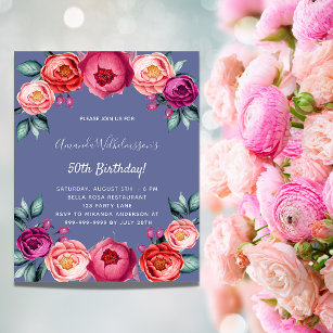 Birthday blue pink floral budget invitation flyer