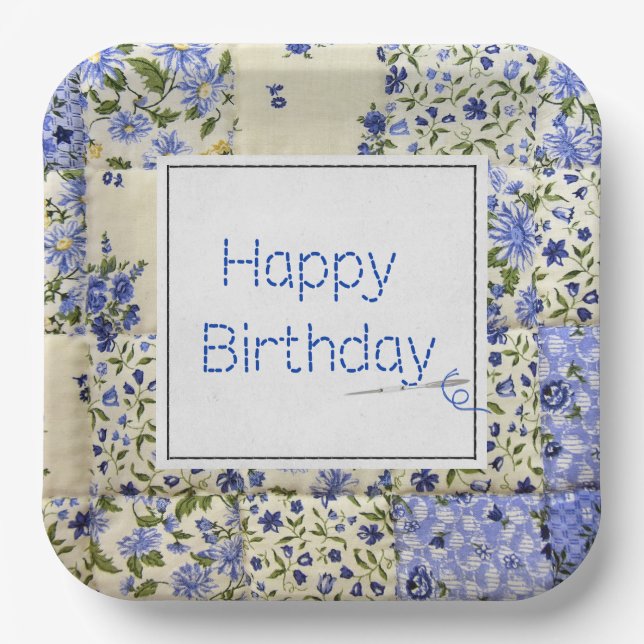 Birthday Blue Quilt with Needle  Paper Plate (Front)