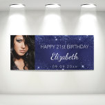 Birthday blue silver glitter dust custom photo banner<br><div class="desc">Celebrating a 21st (or any age) milestone birthday for a girl/woman. A dark blue background. The blue colour is uneven. Decorated with faux glitter dust. Personalise and add your own photo of the birthday girl. Use a vertical/portrait size photo. The text: The name in grey with a modern hand lettered...</div>