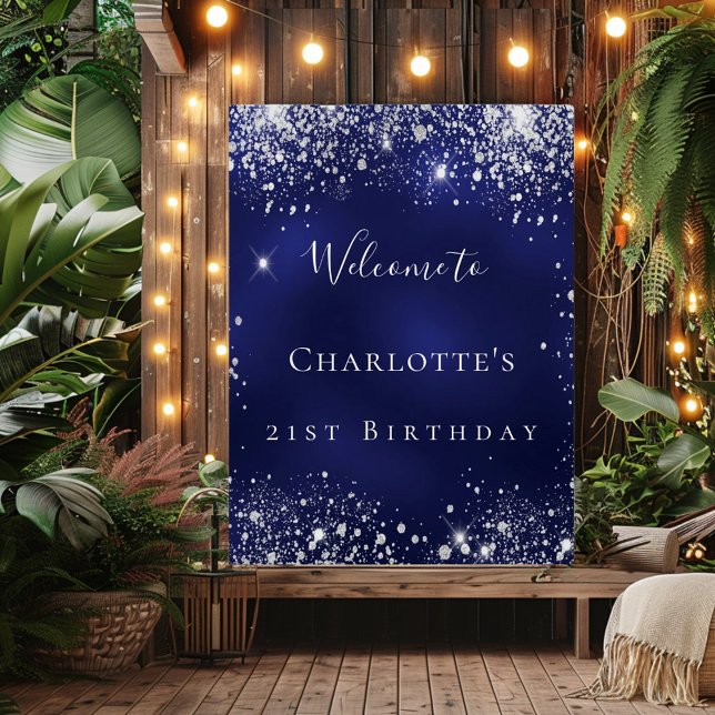 Birthday blue silver glitter party welcome poster (Creator Uploaded)