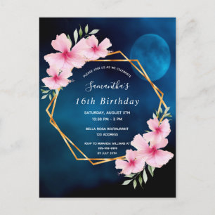 Birthday blue sky moon pink florals postcard