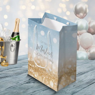 Birthday blue sparkling gold name medium gift bag