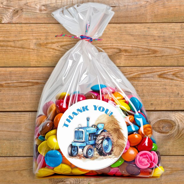 Birthday Blue Tractor Thank You Round Stickers (Creator Uploaded)
